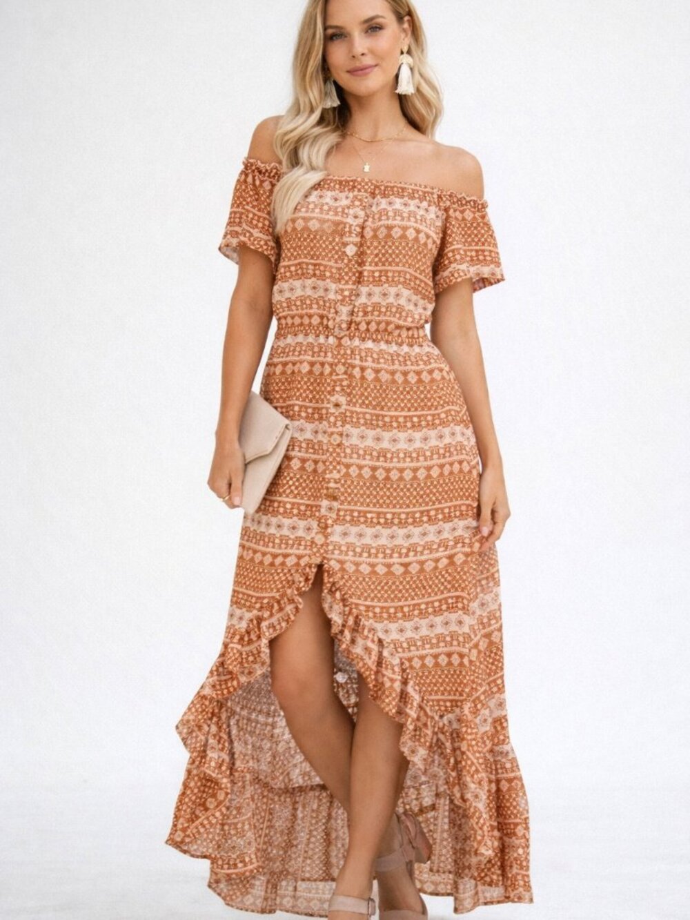 VICI Maxi Dress S Off Shoulder High Low Ruffle Boho Cottagecore Western Country
